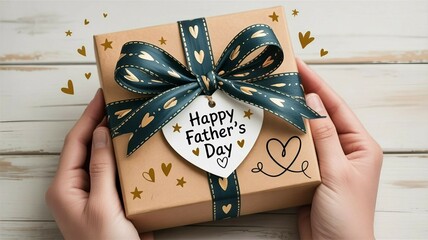 hand holding gift box with ribbon on white wood background. gift for father's day  