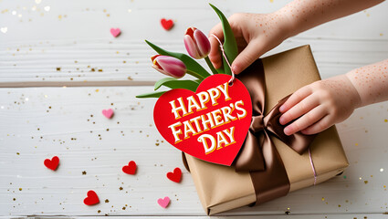 hand holding gift box with ribbon on white wood background. gift for father's day  