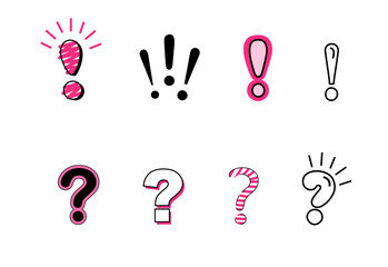 Exclamation mark icon in red speech bubble. Linear question mark. with black line, doodle style. Vector illustration in a flat style.