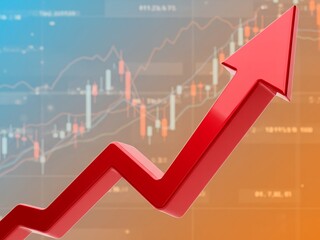 Red arrow pointing upwards over financial market data background