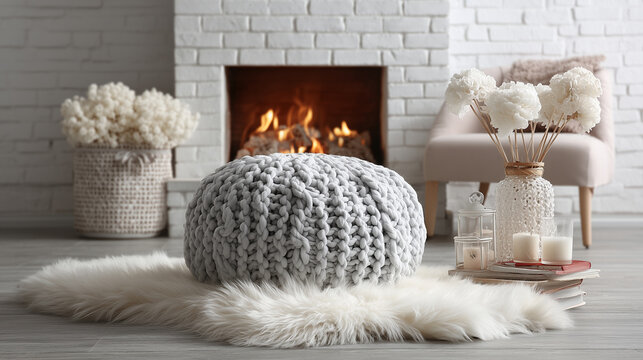 A cozy corner with knit pouf, flickering fireplace, and furry rug Scandinavian hygge ambiance