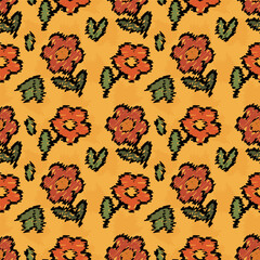Flowers with a seamless pattern. Naive flowers and leaves, hand-drawn. Vector textile design for summer holidays, wallpaper, background, print.
