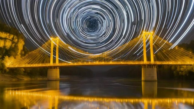 Long Exposure of Star Trails Over Illuminated Suspension Bridge at Night
