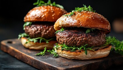Juicy grilled beef burgers served on a rustic wooden board, garnished with fresh herbs, set against a dark, moody background.