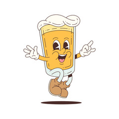Energetic beer glass mascot with foamy top jumping in the air, perfect for festivals, advertising, events, and food-themed content. Vector mascot illustration.