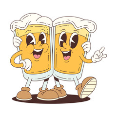 Two cheerful beer mascots with foamy caps, wearing gloves and boots, smiling and waving hands to create a festive atmosphere. Ideal for advertising, events, and fun graphic design. Vector illustration