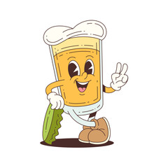 Cheerful beer glass mascot leaning on a large cap with peace sign gesture, perfect for branding, events, packaging, and advertisements. Vector mascot illustration