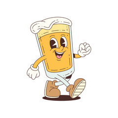 Energetic beer mascot with foamy top walking in dynamic cartoon style, ideal for party designs, promotions, and branding. Vector mascot illustration.