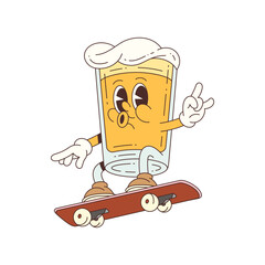 Happy beer mascot character riding a skateboard with frothy top and waving hand, ideal for parties, advertising, and events. Vector mascot illustration.