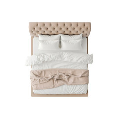 Top View of a Luxurious Beige Upholstered Bed with White Bedding