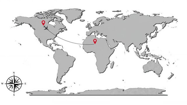 World map with navigation points marked and distance indicated  