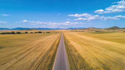 Fototapeta premium Straight Road Through Golden Fields Leading to Distant Mountains Under a Clear Sky