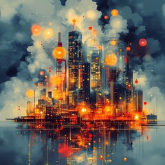 Obraz premium Abstract digital illustration depicting a glowing cityscape reflecting in water for a high resolution image