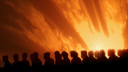Fototapeta premium Silhouetted people a Dramatic Sunset with Cloud and Radiant Sunlight in the Background