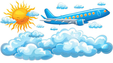 Cartoon airplane flying through fluffy clouds with a cheerful sun smiling in a blue sky for travel and adventure themes