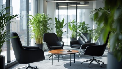 Modern Office Lounge with Green Plants and a Panoramic City View