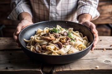 Homemade Pappardelle with Wild Mushrooms – Rustic Farmhouse Pasta in Cast Iron Pan for World Pasta Day (Perfect for Artisanal Food, Cooking Blogs & Gourmet Marketing)