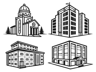Vector buildings architecture design illustration of church office building and commercial building outline art