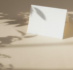 Folded paper blank sheet card mockup with copy space and leaves shadow on beige background . Empty blank mock up abstract backdrop. 