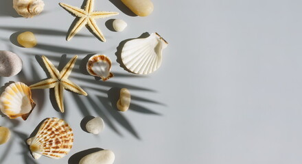 Seashells pattern close up frame and palm leaves shadow top view on grey blue background template with copy space banner.