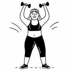Fototapeta premium Smiling plus size woman lifting dumbbells in sporty outfit