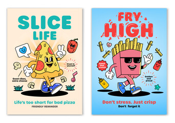 Retro cartoon smiled Pizza slice and French Fries box mascot character surrounded by smiled elements and motivation lettering. Illustration for t-shirt print or poster design. Vector illustration