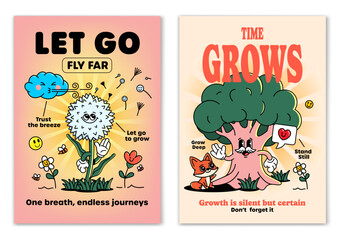 Retro cartoon smiled Dandelion and Old Tree mascot character surrounded by smiled elements and motivation lettering. Illustration for t-shirt print or poster design. Vector illustration