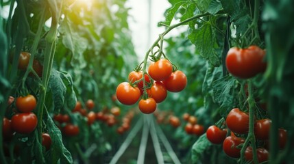 Ripe Red Tomatoes Growing in Greenhouse