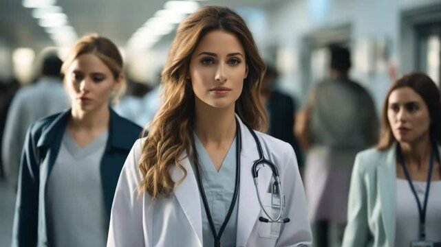 In a lively hospital setting, a healthcare provider strides gracefully through a busy corridor, radiating strength and determination while patients and staff bustle around
