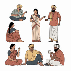 People wearing traditional clothing, having tea together