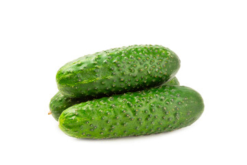 Cucumber isolated on white background. Slice of cucumber on white background. Fresh organic green cucumbers. Vegan. Ingredient for salad. Farm vegetables.