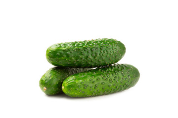 Cucumber isolated on white background. Slice of cucumber on white background. Fresh organic green cucumbers. Vegan. Ingredient for salad. Farm vegetables.