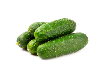 Cucumber isolated on white background. Slice of cucumber on white background. Fresh organic green cucumbers. Vegan. Ingredient for salad. Farm vegetables.
