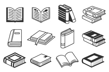 Book Icon Set – Black & White Minimalist Vector Icons of Open, Closed, and Stacked Books