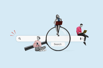 Art collage. A team of young woman and man with a laptops is sitting on a big magnifying glass....