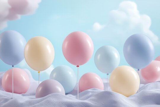 Pastel Balloons Floating on Cloud Dreamscape Sky Background Festive Celebration Sweet Sixteen Party Elegant Design Airy - Powered by Adobe