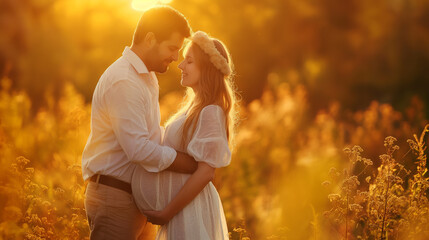 Happy pregnant woman and her husband embracing in a golden meadow at sunset, savoring the enchanting moment of awaiting their baby and celebrating their love and connection