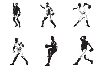 Baseball Pitcher Silhouette Set – Six Dynamic Throwing Poses Vector Illustration

