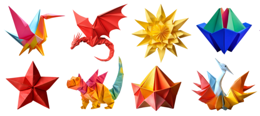 Collection set of origami paper fold of colourful paper, flower, star, crane phoenix bird, dragon, dinosaur dino, finger puppet on transparent cutout PNG. Many pattern. Mockup template for design	
