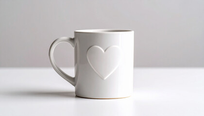 Obraz premium Minimalistic white ceramic mug with heart design. Cup for drink. Neutral backdrop.