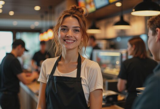 Smiling cashier at a quick-service restaurant register, ready to assist customers