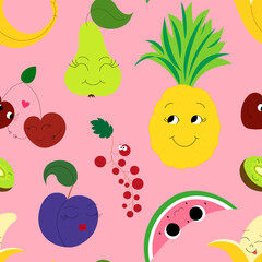 Cute cartoon fruits characters seamless pattern