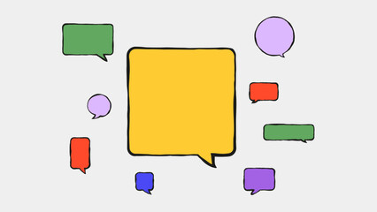 Speech bubbles in different shapes surrounding large yellow bubble symbolizing diverse communication and dialogue