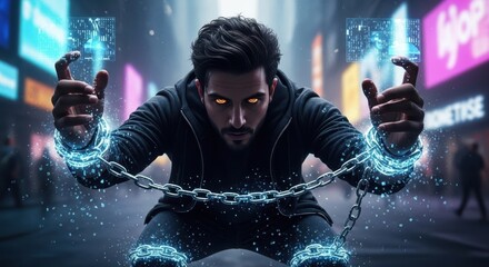 man shackled chains freed concept. A digital character manipulating chains in a vibrant urban setting.