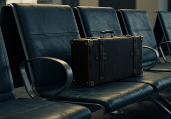 cinematic photo of suitcase on airport chair. travel, holiday. vacation, traveling.