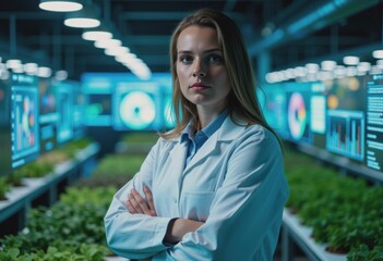 Greenhouse data analyst holding a tablet, focused on plant growth metrics