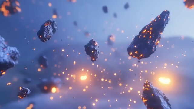 A stunning visual of floating asteroids with glowing particles in a cosmic landscape at twilight