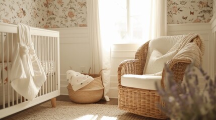 Nursery scene featuring a white crib, wicker chair, floral wallpaper and neutral tones. AI generative..