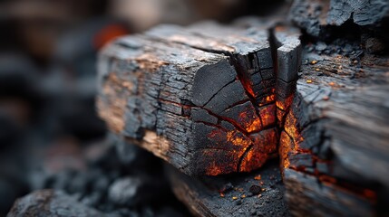 Macro of charred wood after fire, detailed carbon texture and ash residue