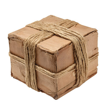 Old cardboard box packed with string and duct tape isolate on white background 
